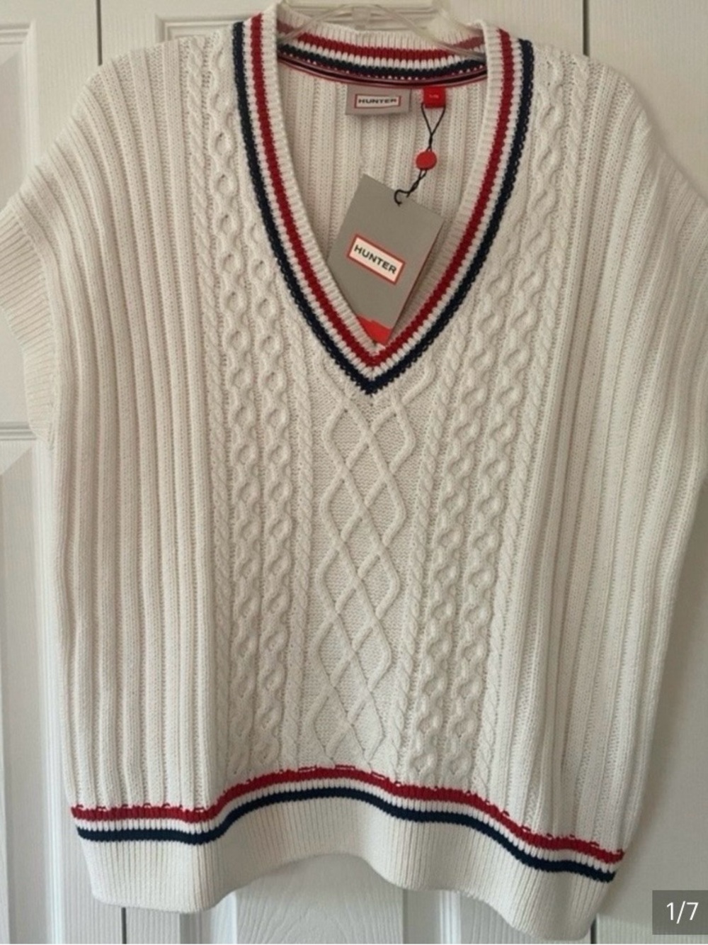 Hunter White Cable-Knit V-Neck Sweater Vest with Red & Navy Trim